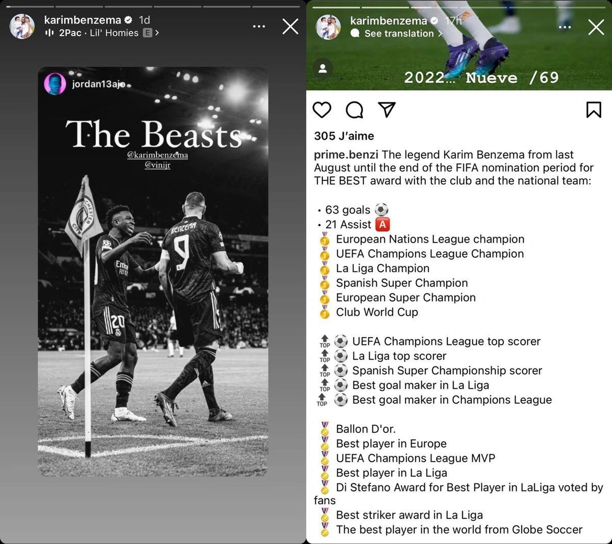 Indiretas postadas por Benzema em seu Instagram