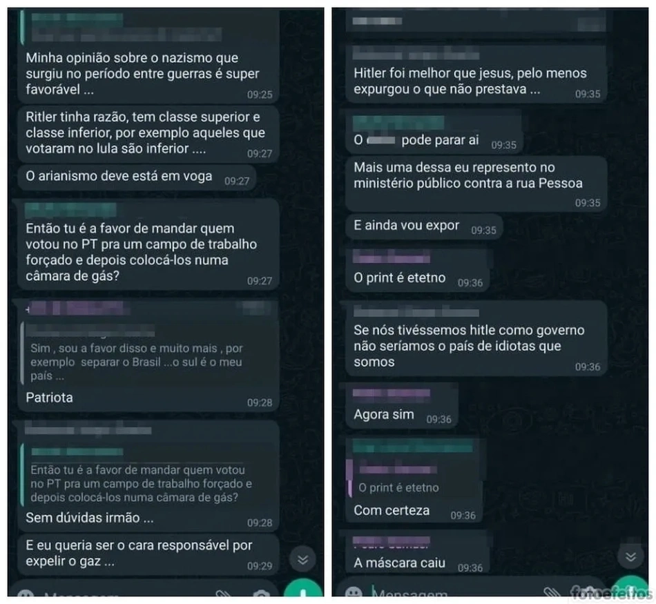 Prints do professor elogiando Adolf Hitler para alunos no WhatsApp