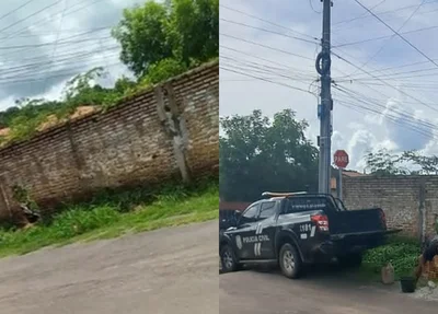Parte do muro da Delegacia de Altos que caiu e reparos que estão sendo feitos