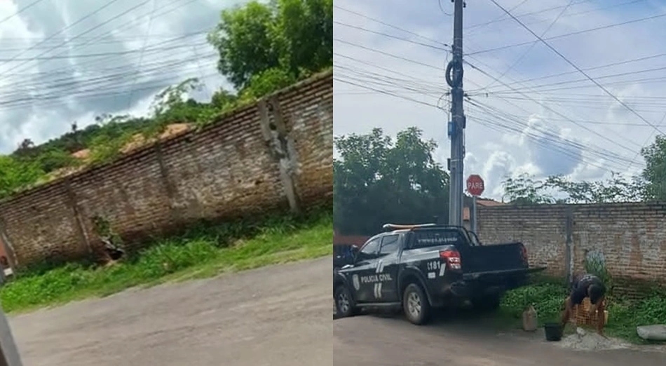 Parte do muro da Delegacia de Altos que caiu e reparos que estão sendo feitos