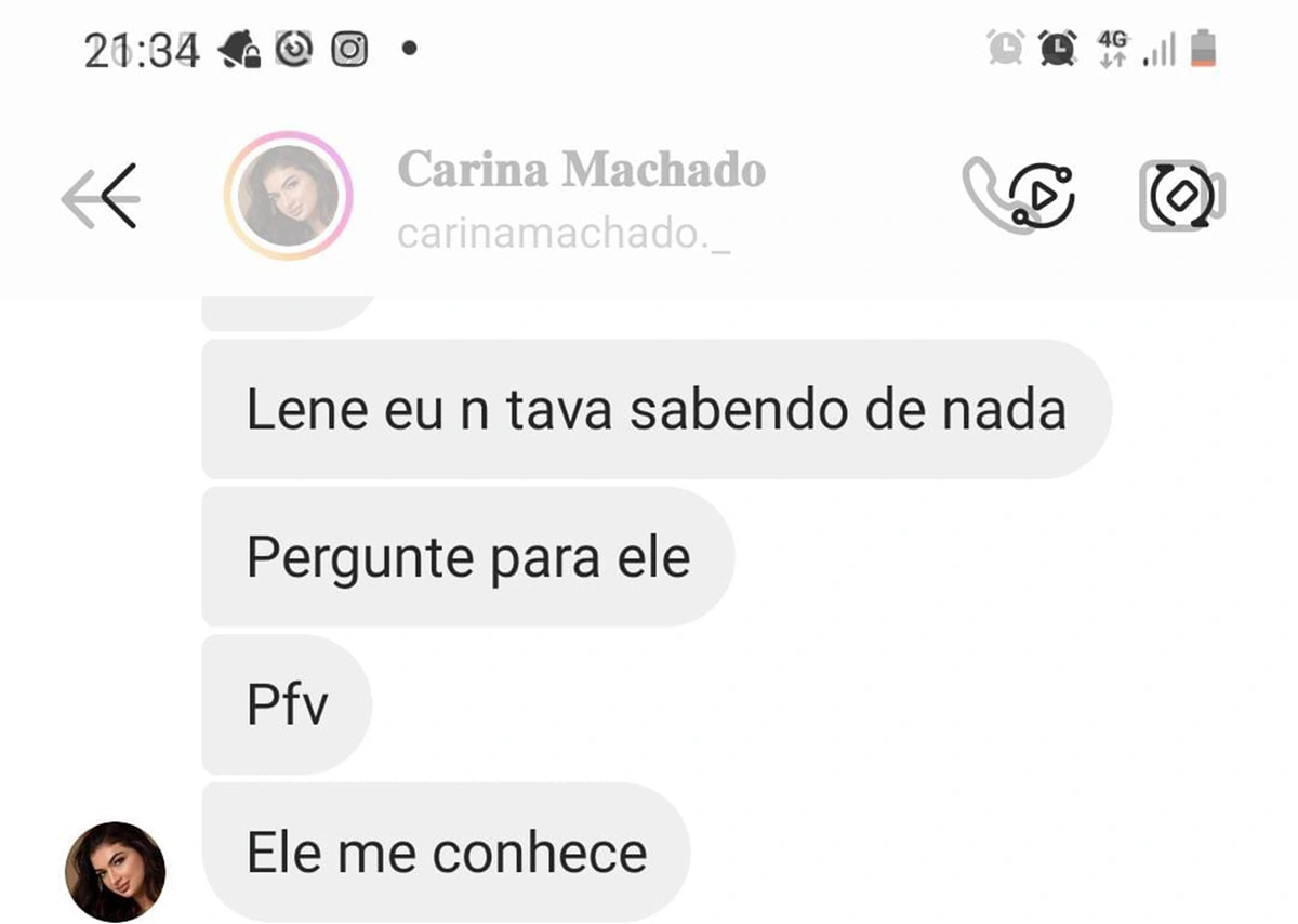 Print da conversa entre Edilene Lima e a miss Carina Machado