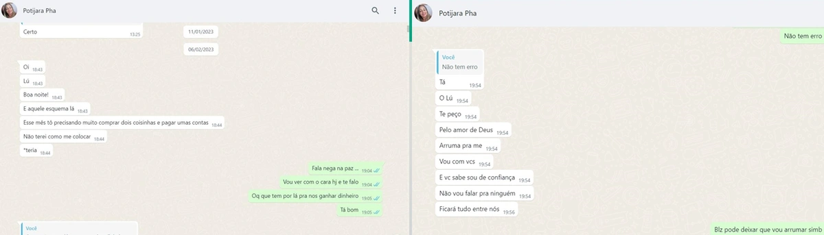 Prints das conversas atribuídas a Luciano e Andria Potyjara