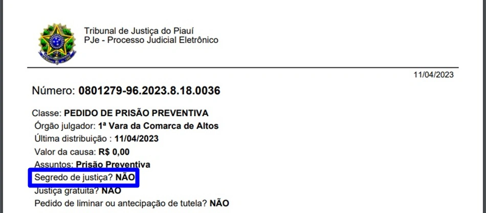 Processo não está em segrego de Justiça