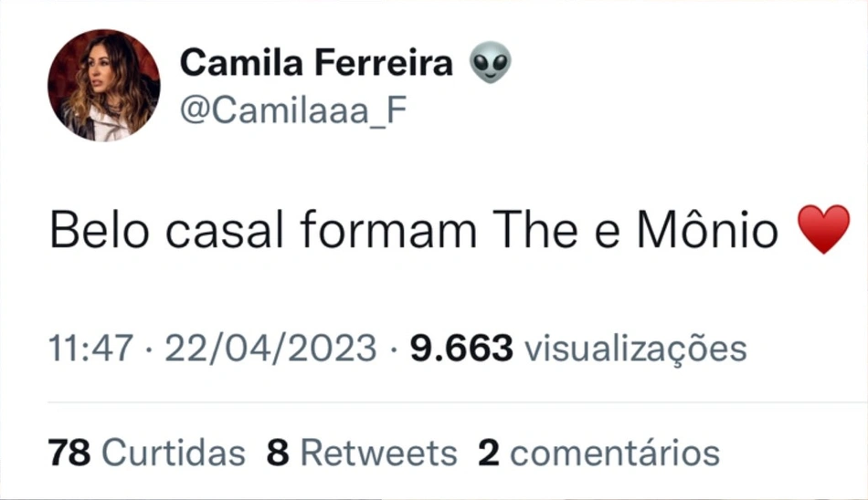 Tweet de Camila Ferreira sobre Maíra e Thiago