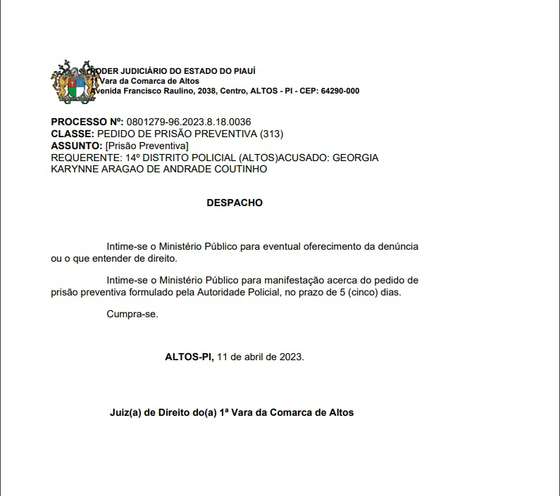Veja despacho da 1ª Vara da Comarca de Altos ao Ministério Público