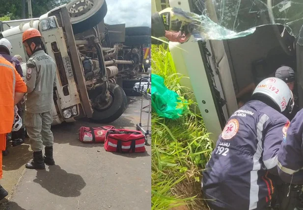 Carreta tomba na BR 343 em Teresina e deixa quatro feridos