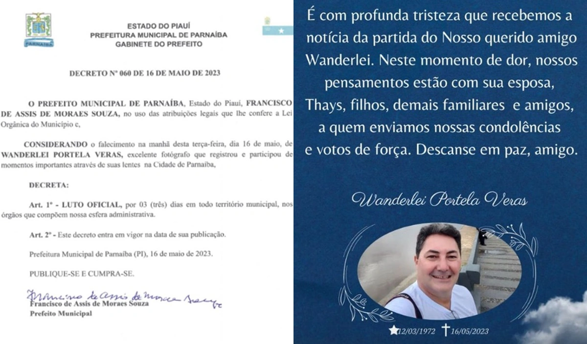 Decreto de luto oficial por três dias e nota de pesar pelo falecimento do fotógrafo