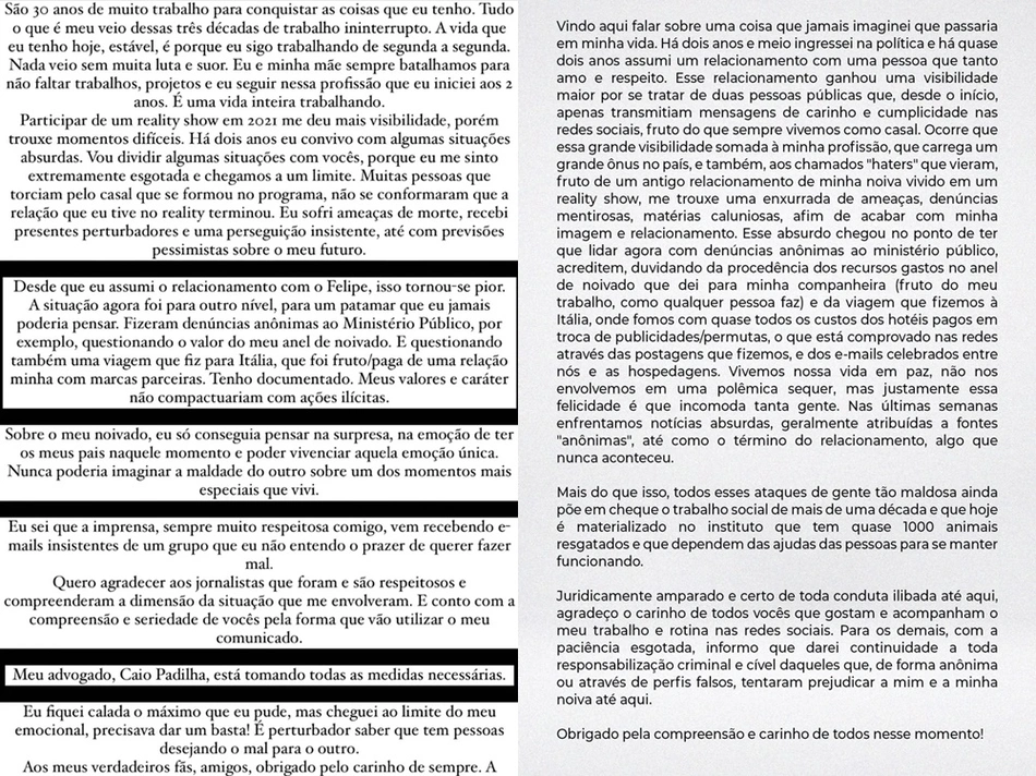 Nota de Carla Diaz à esquerda e a nota do parlamentar Becari à direita