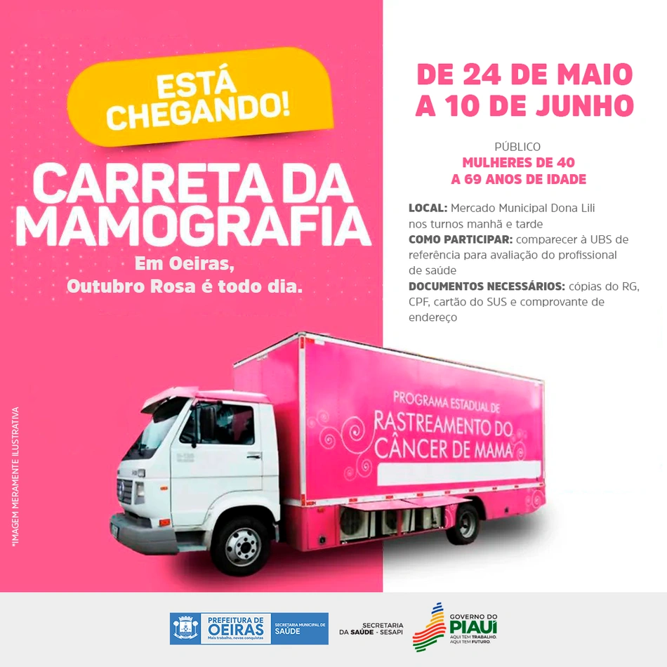 Oeiras recebe unidade móvel para realização de exames de mamografia a partir de quarta-feira