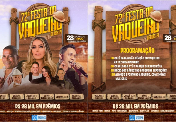 Prefeitura de Oeiras divulga atrações musicais da 72ª Festa do Vaqueiro