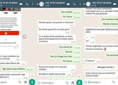 Prints da conversa entre a vítima e o criminoso que mostram a extorsão