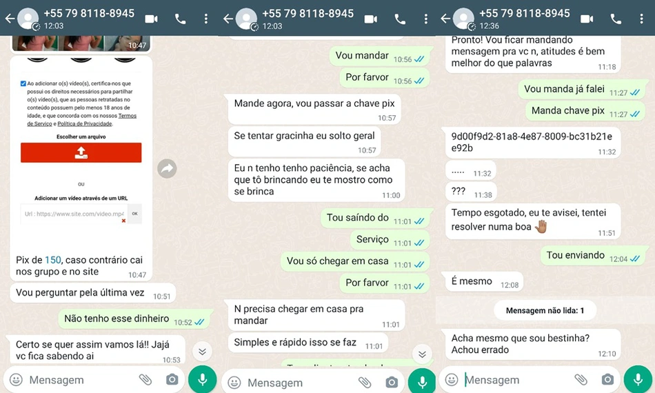 Prints da conversa entre a vítima e o criminoso que mostram a extorsão