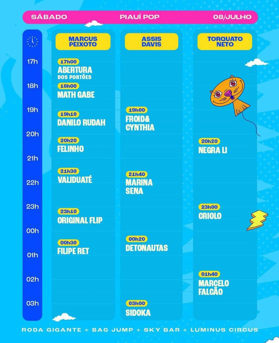 Atrações do Piauí Pop nos dia 08 de julho