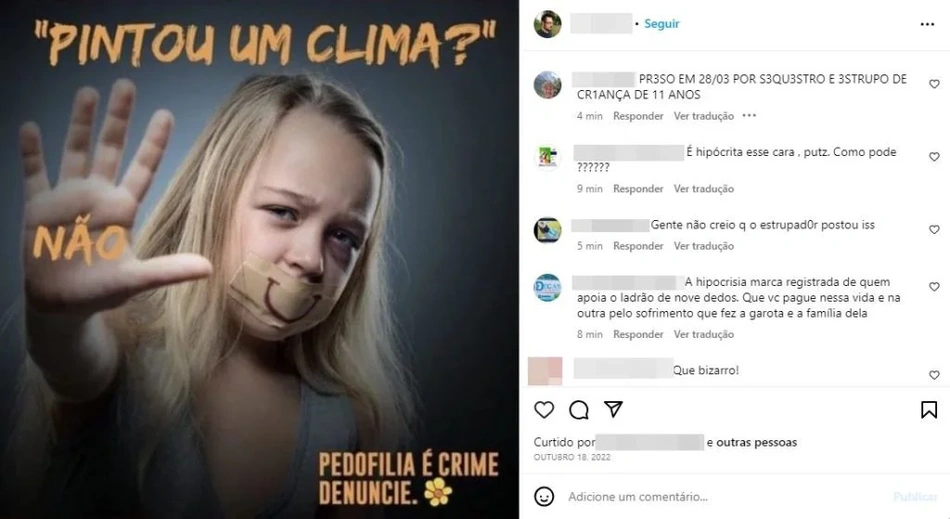 Em uma publicação, o estuprador fez a divulgação de campanha contra a pedofilia