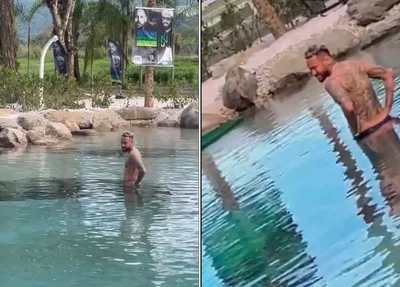 Neymar no lago da mansão em Mangaratiba