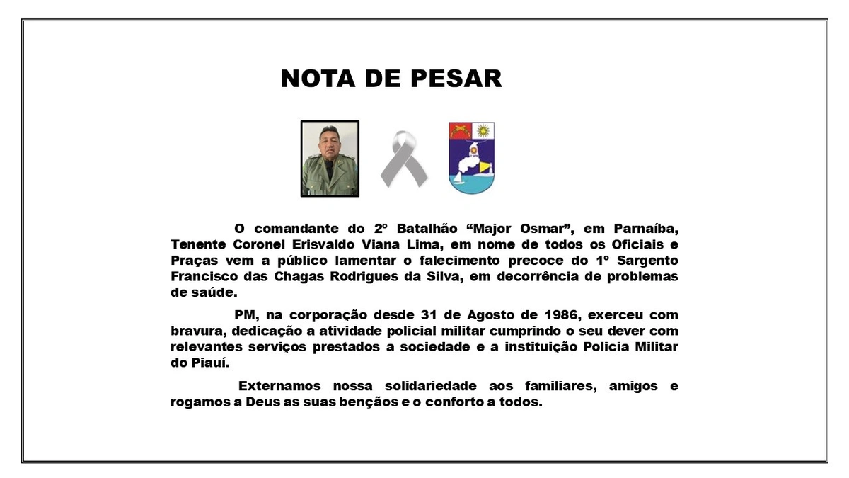 Nota de pesar da Polícia Militar do Piauí