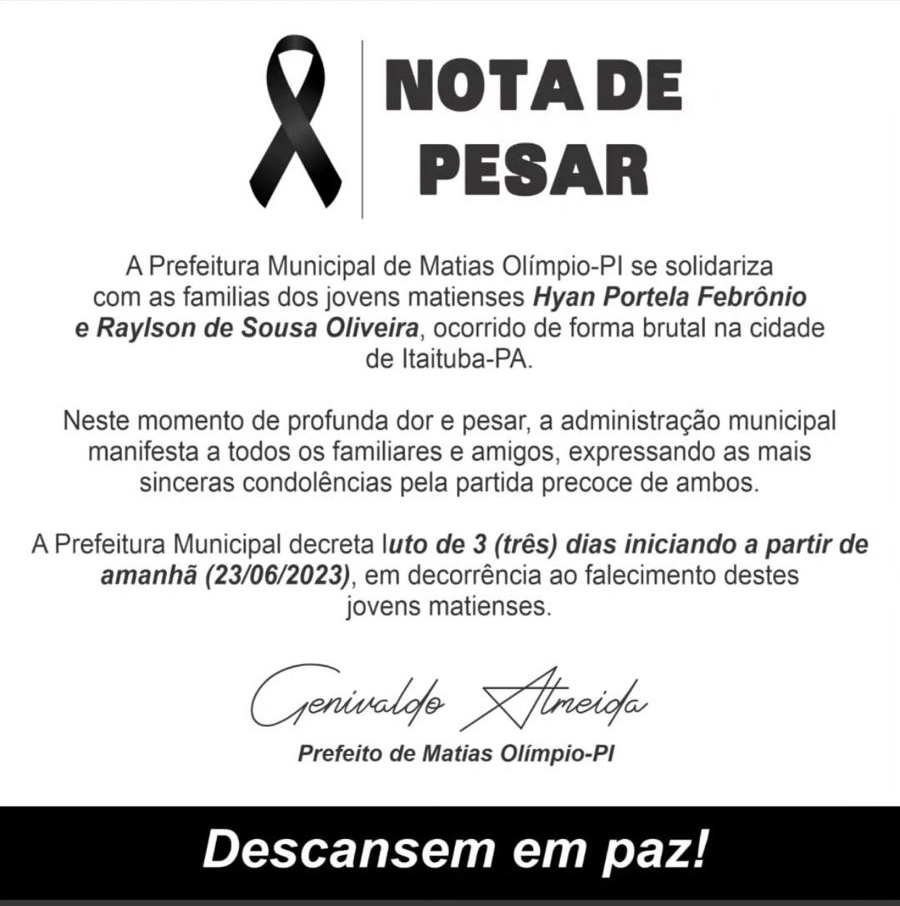 Prefeitura de Matias Olímpio emite nota de pesar