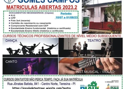 A instituição irá ofertar ao todo 100 vagas para cursos técnicos em Teatro, Dança, Instrumento Musical e Canto