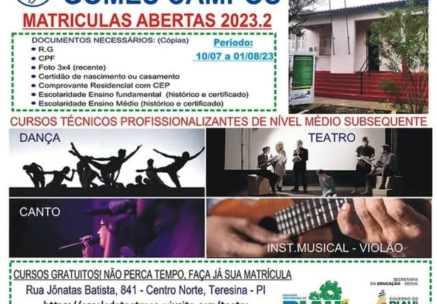 A instituição irá ofertar ao todo 100 vagas para cursos técnicos em Teatro, Dança, Instrumento Musical e Canto