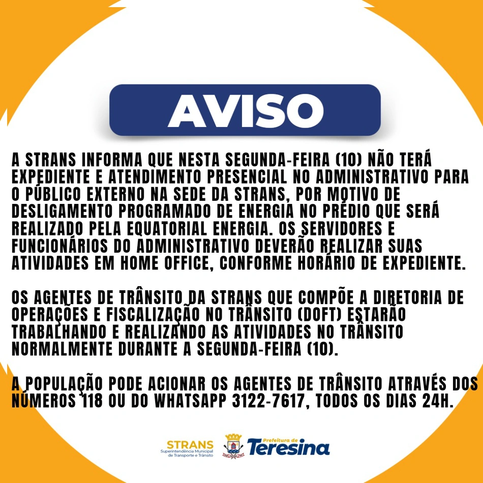 Aviso de suspensão de atividade presencial na STRANS.