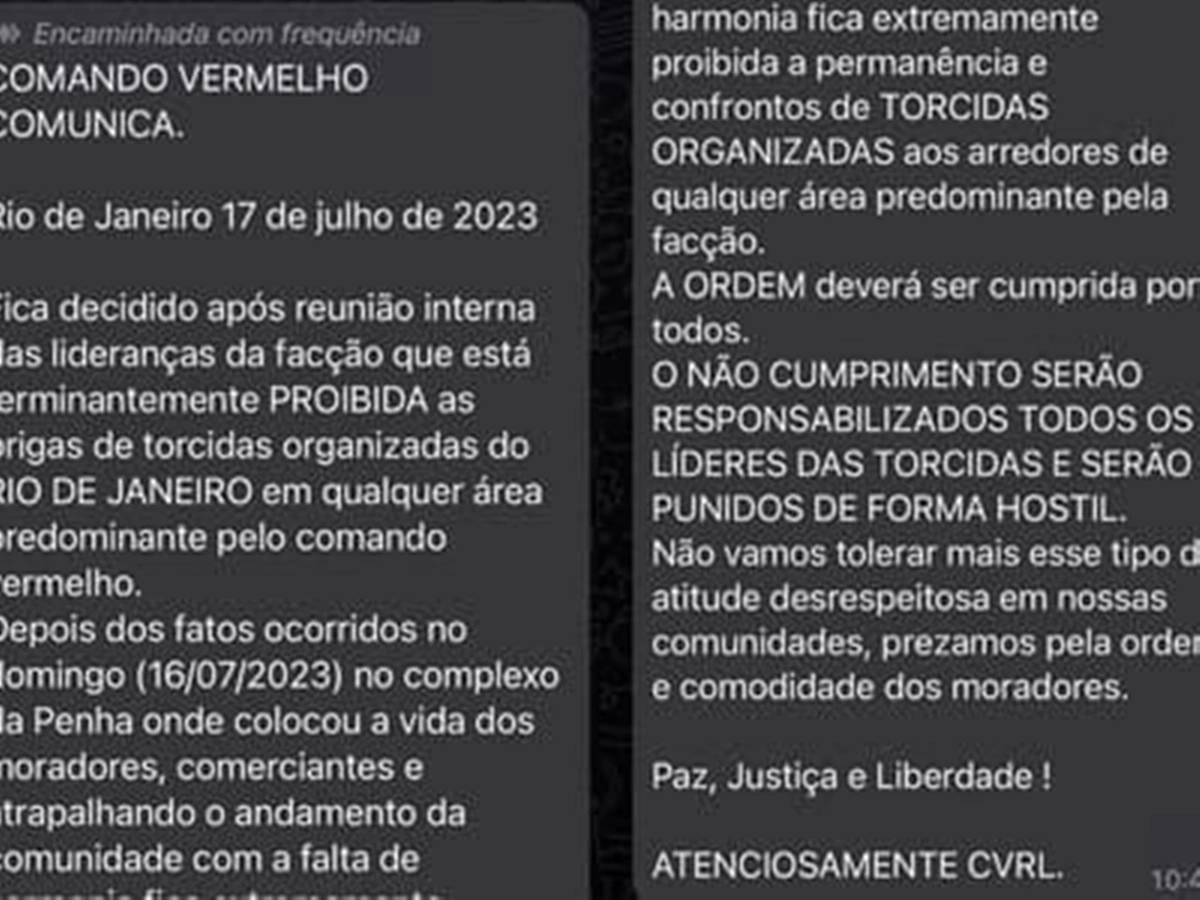 Comunicado do Comando Vermelho proibindo brigas entre torcidas organizadas