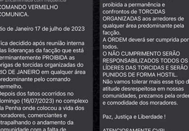 Comunicado do Comando Vermelho proibindo brigas entre torcidas organizadas