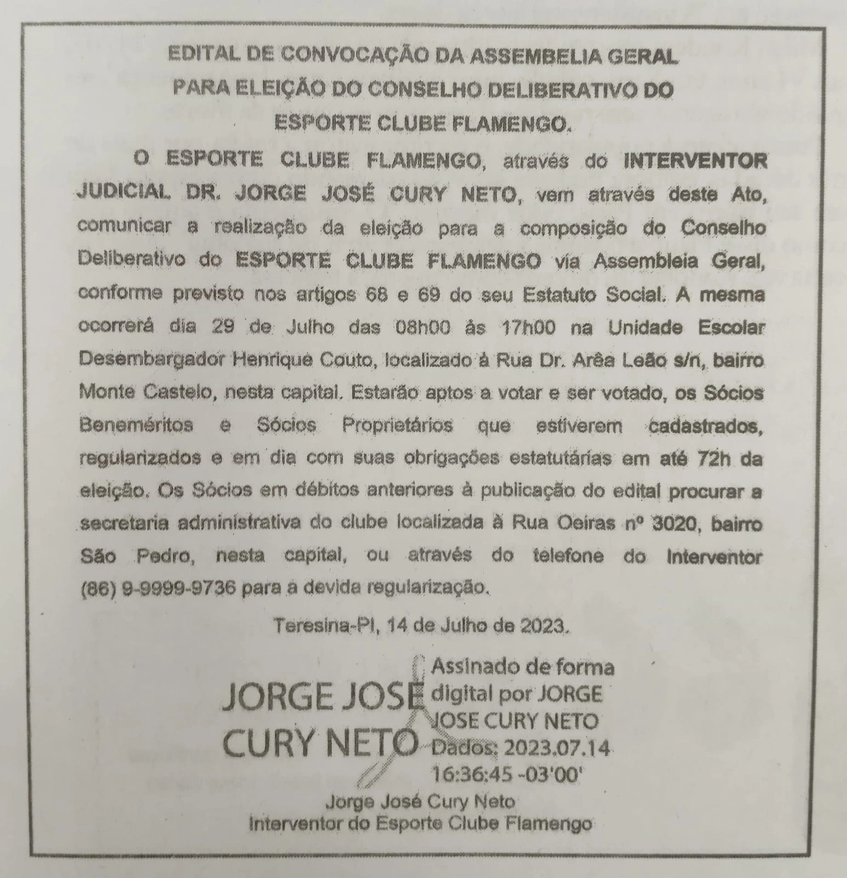 Edital de convocação para eleição do Conselho Deliberativo do Esporte Clube Flamengo em 2023