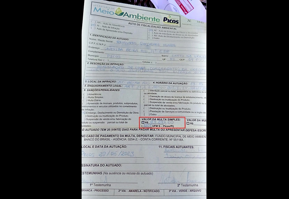 Multa aplicada pela Prefeitura de Picos