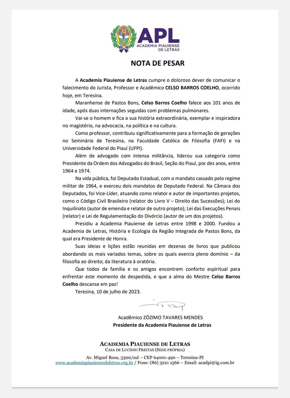 Nota de pesar da Academia Piauiense de Letras pelo falecimento de Celso Barros Coelho