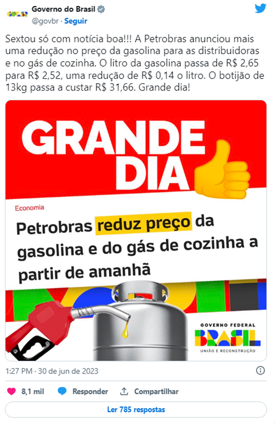 Publicação do Governo do Brasil ironiza inelegibilidade de Bolsonaro