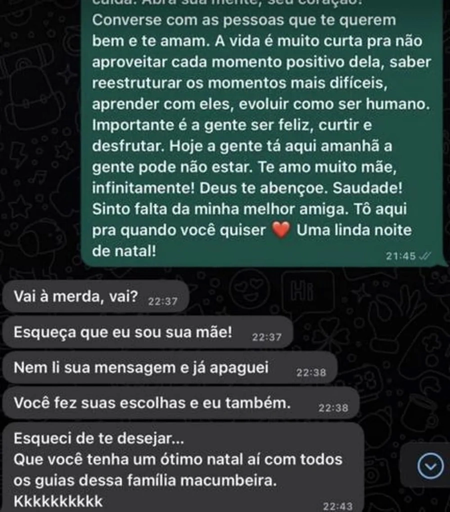 Mensagem enviada por Silvana Taques, em que chama a família de André Luiz Frambach de “família macumbeira”