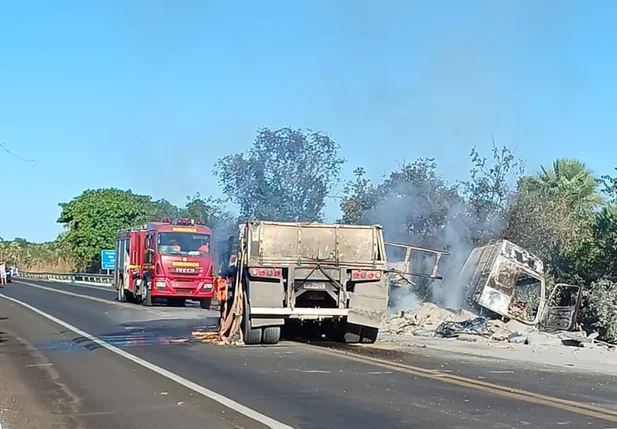 Motorista saiu ileso após colidir caminhão em defensa metálica e o veículo pegar fogo