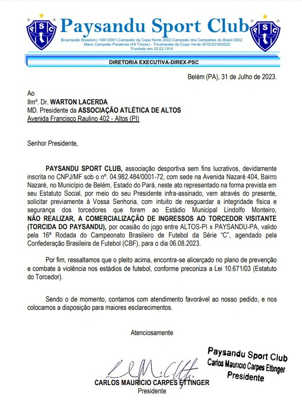 Ofício enviado pela diretoria do Papão ao Altos