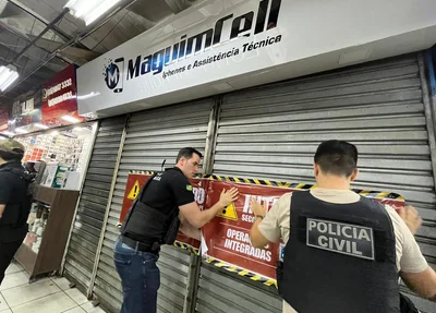 Polícia Civil interdita a loja Maguim do Cell, no Shopping da Cidade, em Teresina