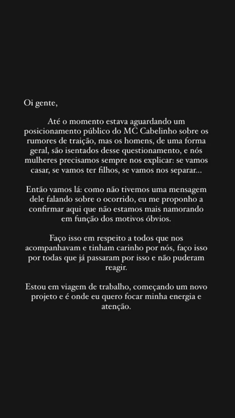 Pronunciamento de Bella Campos em seu Instagram