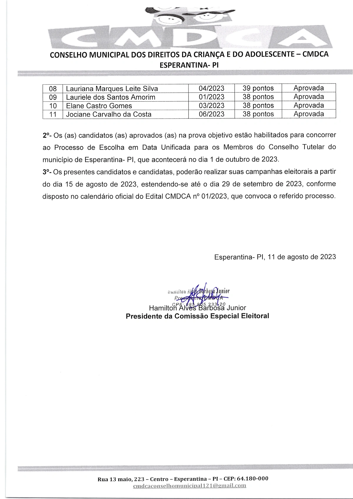 Resultado dos Candidatos ao Conselho Tutelar de Esperantina