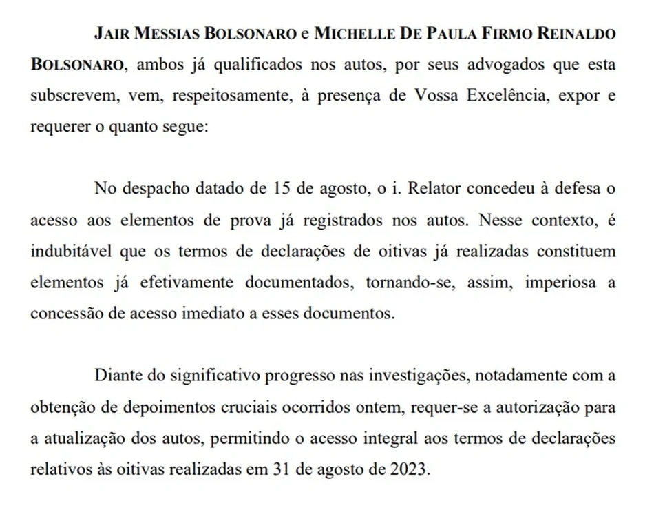 A defesa de Jair e Michelle Bolsonaro solicitou o acesso imediato aos depoimentos prestados no inquérito das joias
