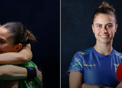 Bruna Takahashi, Giulia Takahashi e Vitor Ishiy, atletas brasileiros de tênis de mesa
