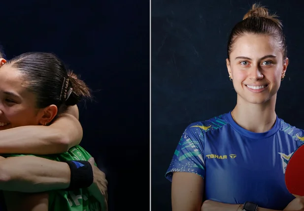 Bruna Takahashi, Giulia Takahashi e Vitor Ishiy, atletas brasileiros de tênis de mesa