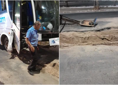 Buraco de obra da Águas de Teresina onde o ônibus caiu