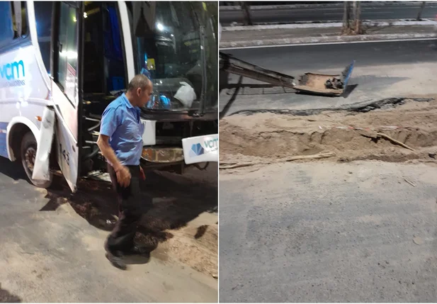 Buraco de obra da Águas de Teresina onde o ônibus caiu