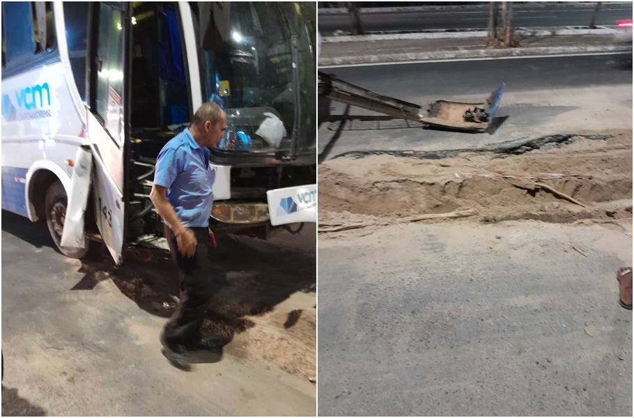 Buraco de obra da Águas de Teresina onde o ônibus caiu