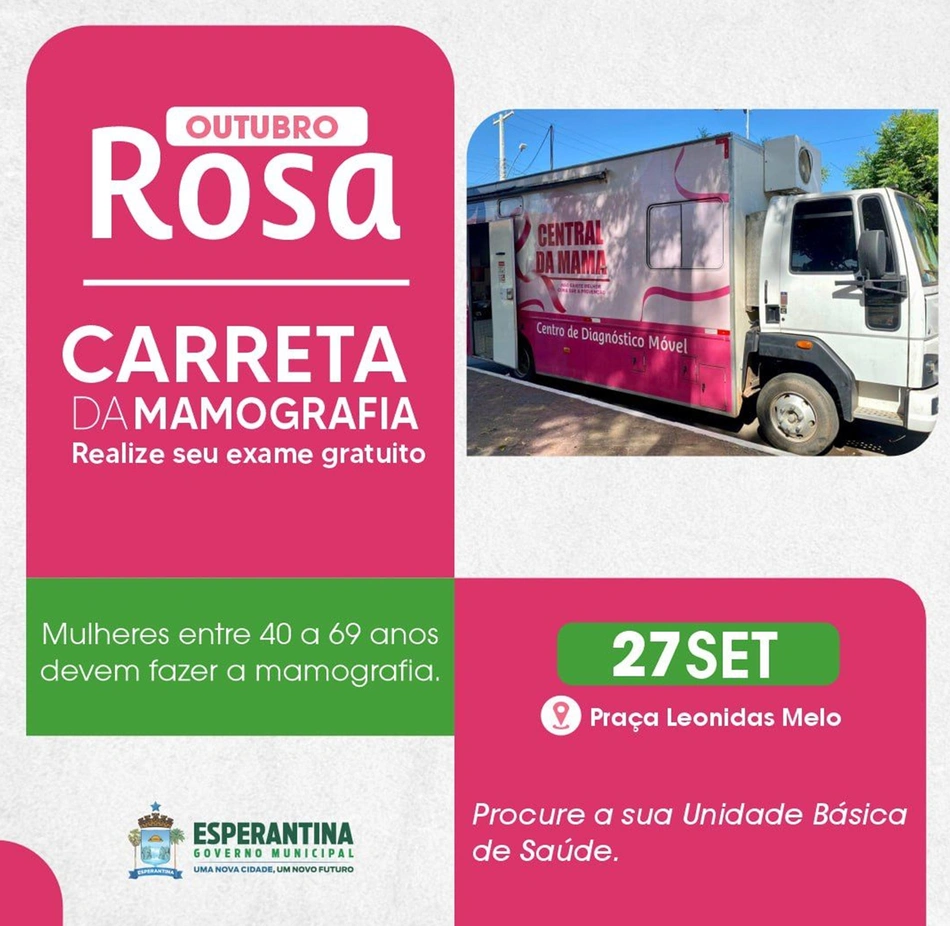 Esperantina recebe unidade móvel de mamografia em apoio ao outubro rosa.