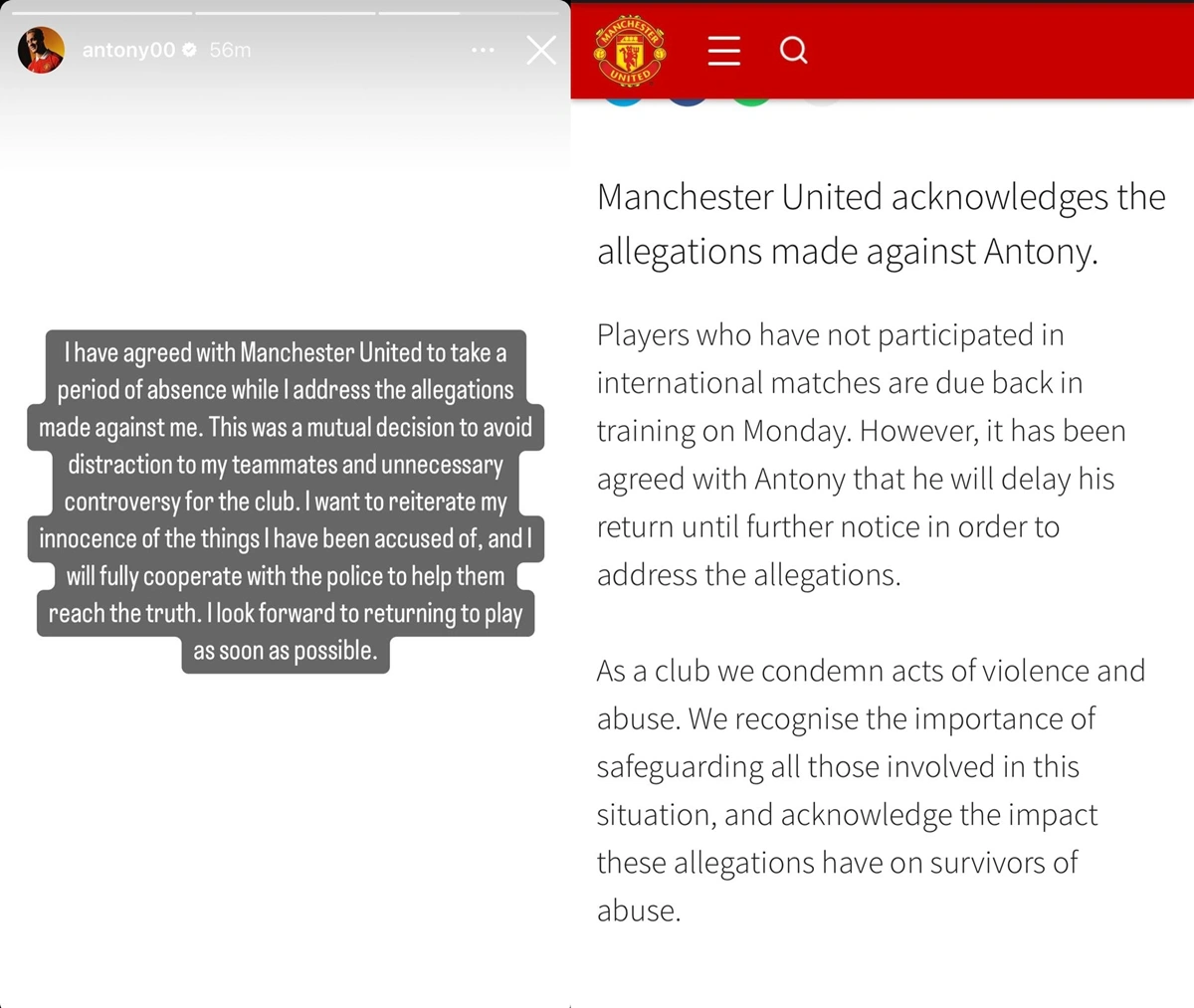 Notas publicadas por Antony e pelo Manchester United