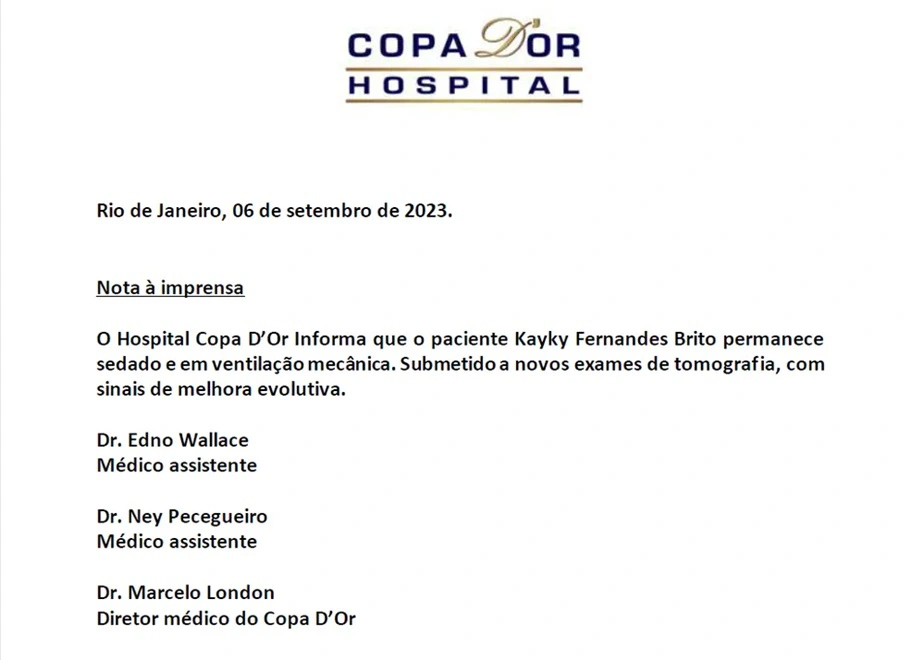 Novo boletim médico do estado de saúde de Kayky Brito foi divulgado na tarde desta quarta-feira (6)