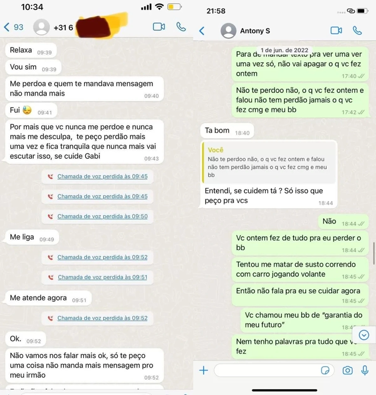 Prints de conversas entre Antony e Gabriela Cavallin