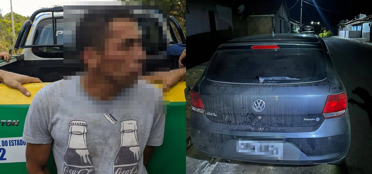 Prisão do acusado e o carro que os assaltantes abandonaram