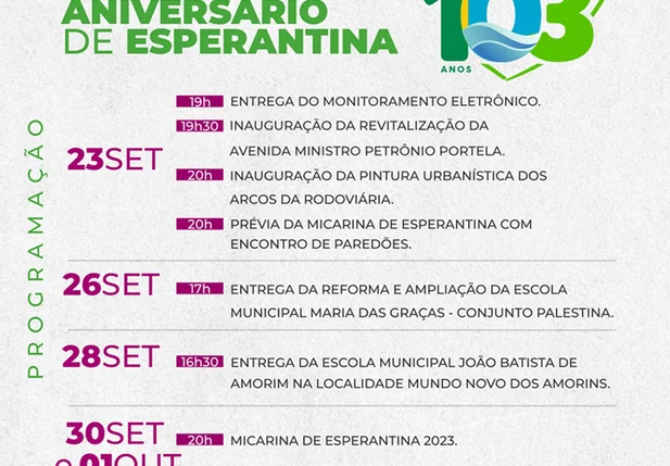 Veja a programação do aniversário de Emancipação Política de Esperantina
