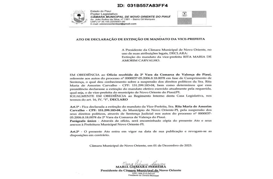 Declaração de extinção de mandato da Câmara Municipal de Novo Oriente do Piauí