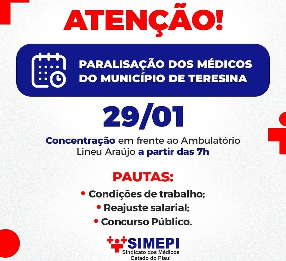 Médicos servidores do município de Teresina realizarão nova paralisação em 29 de janeiro